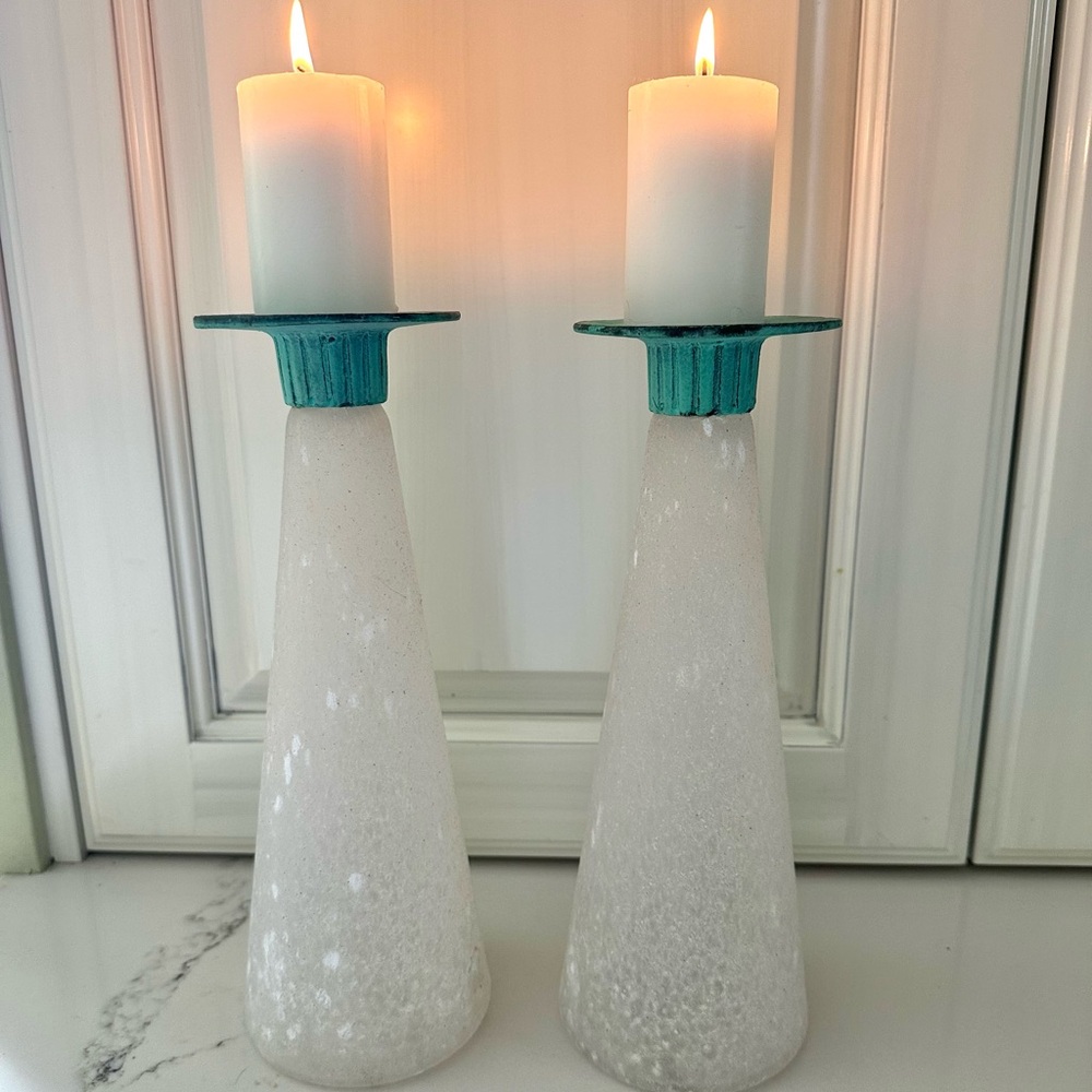 RARE Vintage Toyo Candle Holders, Scavo Glass, Verdigris Bronze, Exc. Cond